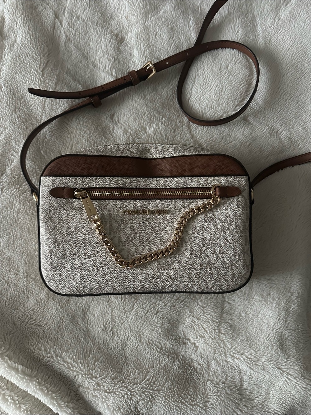 Michael Kors Signature Canvas Crossbody in Brown and Cream